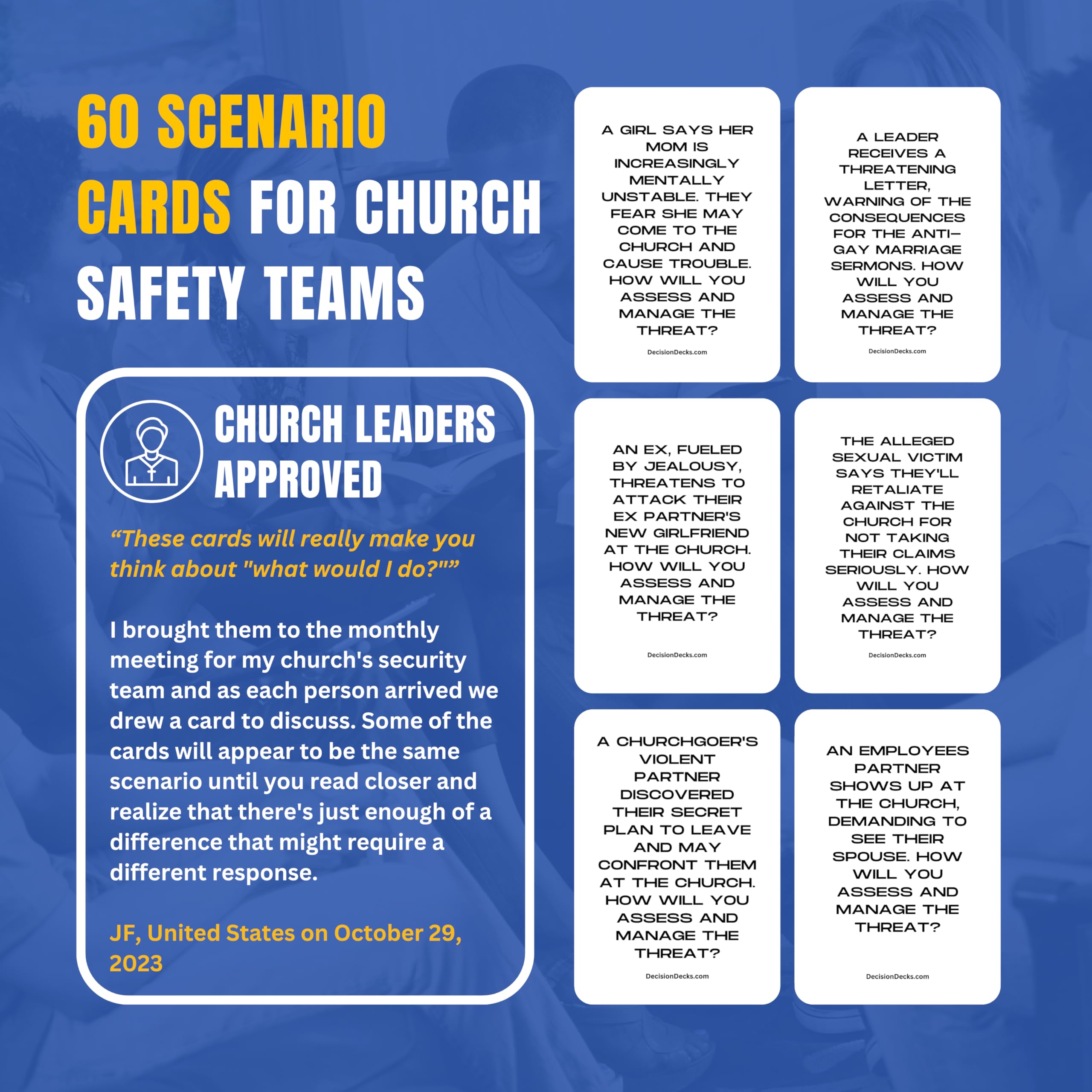 Church Safety and Security Decision Decks | 60 Threat Assessment Scenario Cards for Church Security Team Training and Behavioral Evaluation.