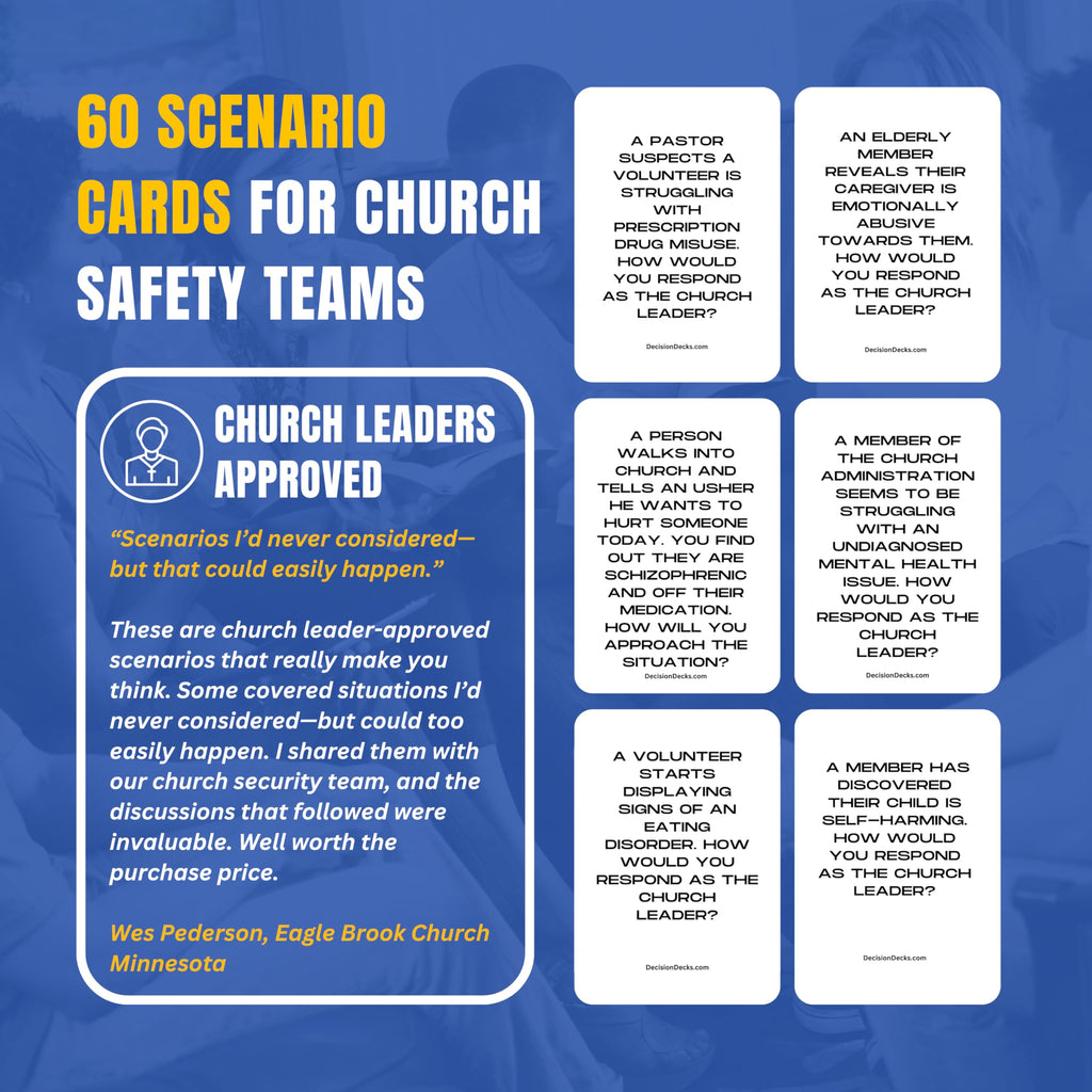 Church Safety and Security Decision Decks | 60 Crisis Intervention Scenario Cards for Church Leadership, De-Escalation, and Faith-Based Safety Team Training