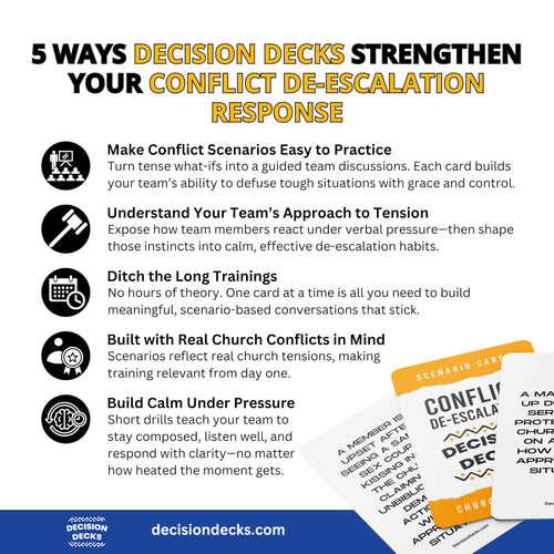 Church Safety and Security Decision Decks | 60 Conflict De-Escalation Scenario Cards for Church Safety Team Training, Leadership Communication, and Faith-Based Conflict Resolution