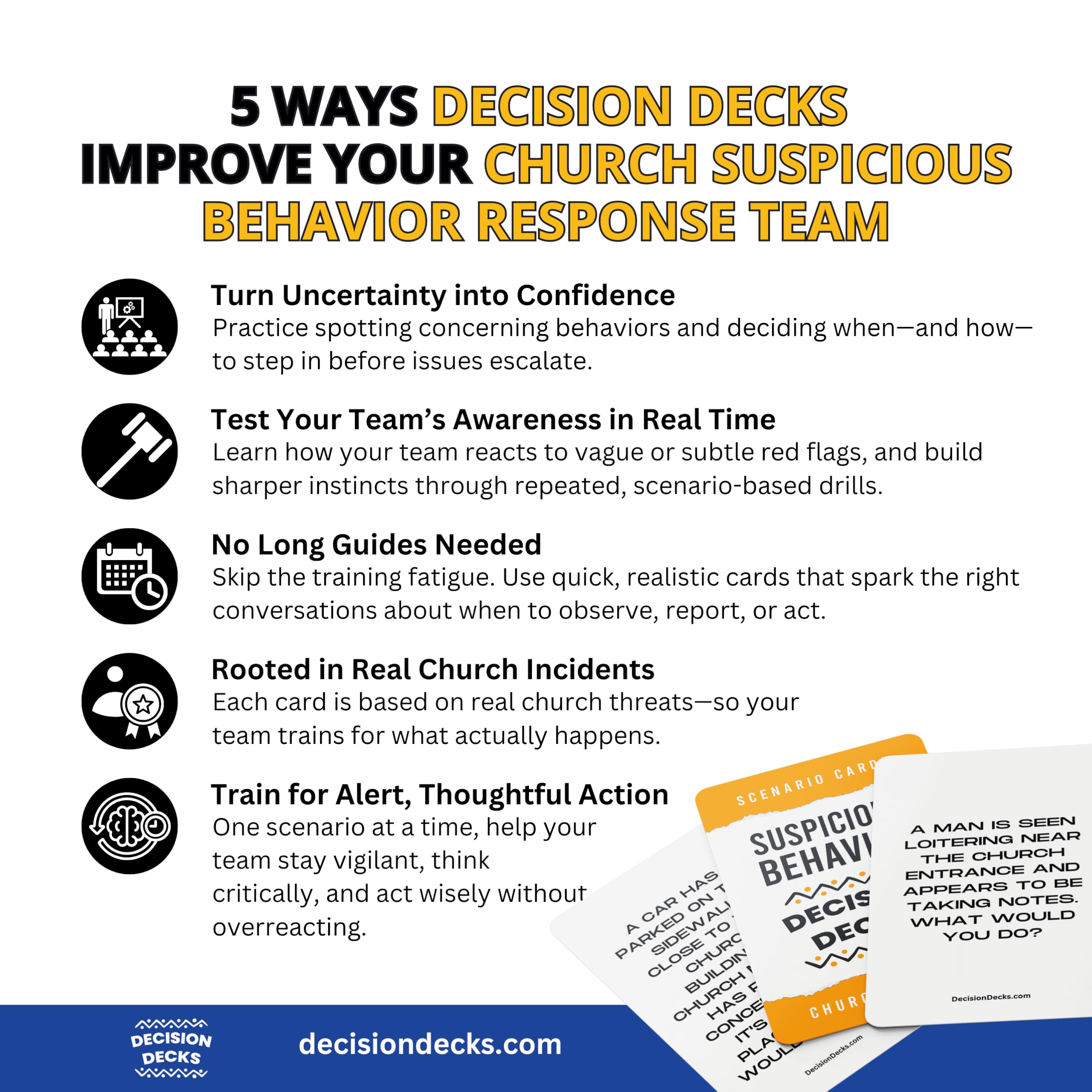 Church Safety and Security Decision Decks | 60 Suspicious Behavior Scenario Cards for Church Security Team Training, Situational Awareness, and Threat Recognition