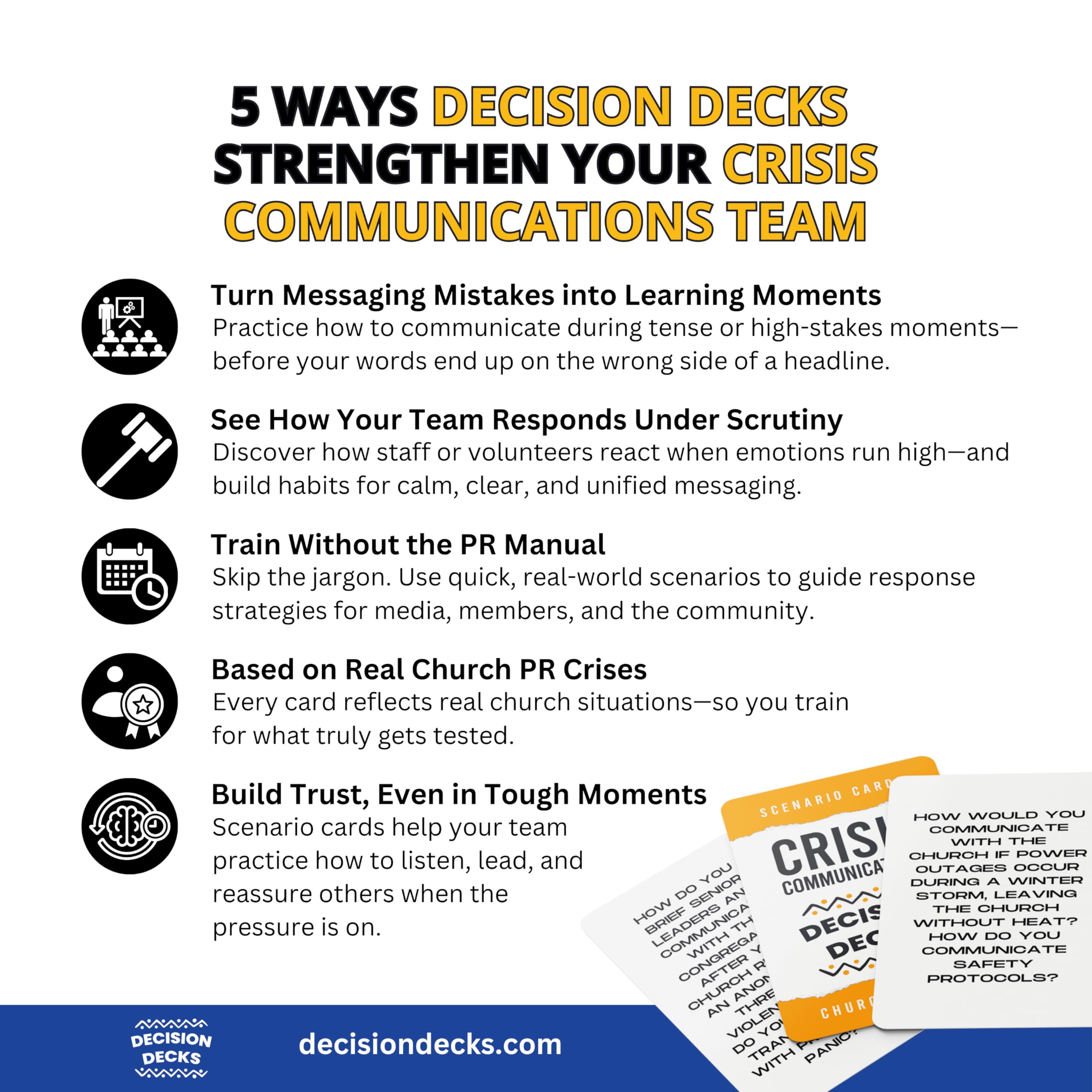 Church Safety and Security Decision Decks | 60 Crisis Communications Scenario Cards for Church Leaders, Emergency Planning, and Faith-Based Team Training