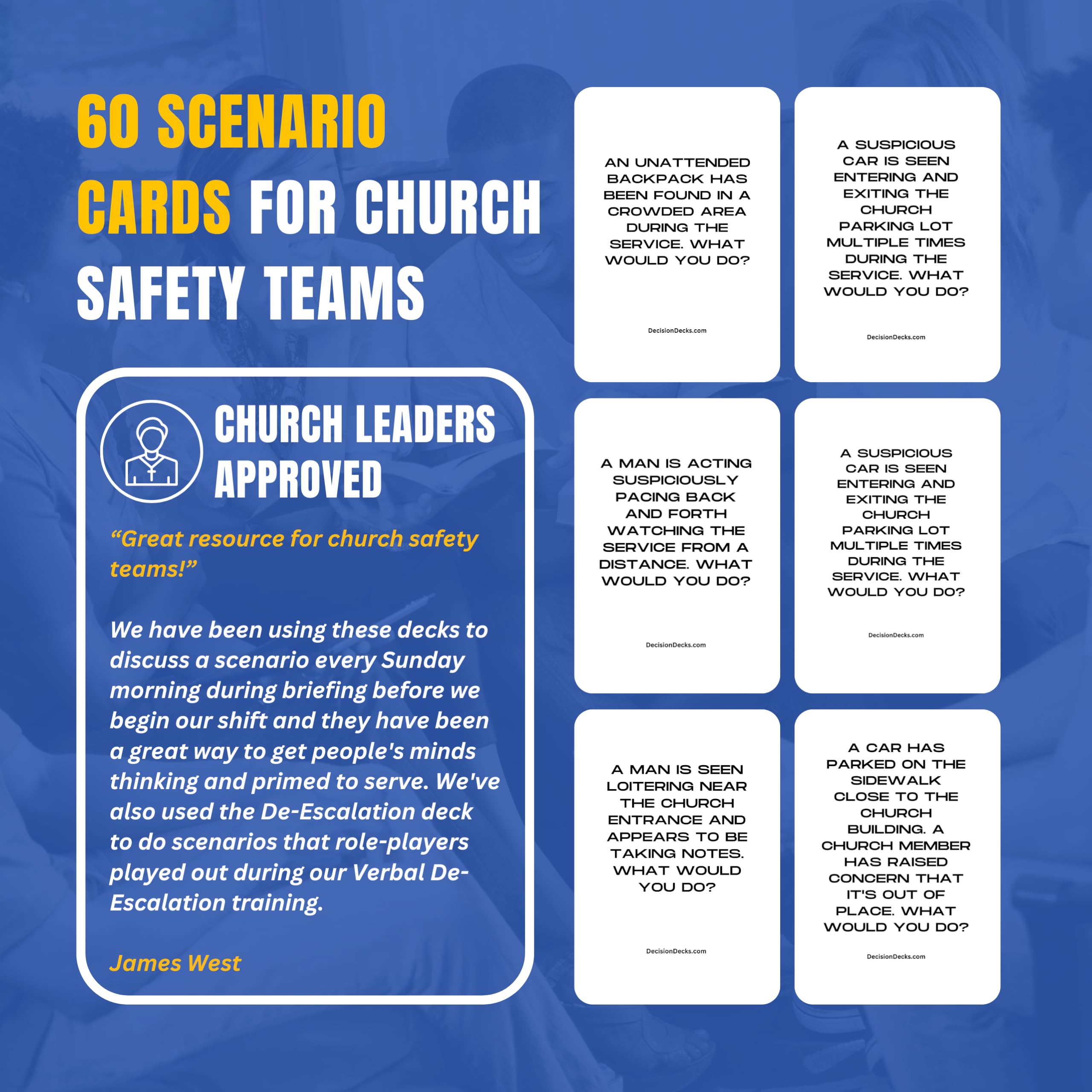 Church Safety and Security Decision Decks | 60 Suspicious Behavior Scenario Cards for Church Security Team Training, Situational Awareness, and Threat Recognition