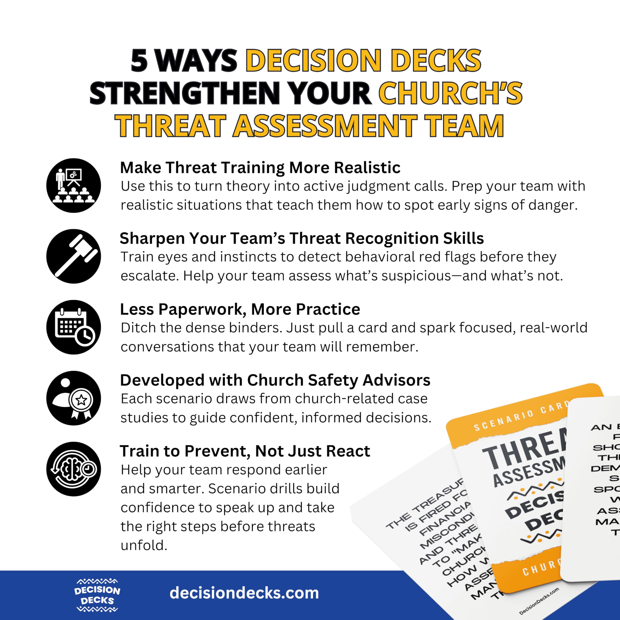 Church Safety and Security Decision Decks | 60 Threat Assessment Scenario Cards for Church Security Team Training and Behavioral Evaluation.