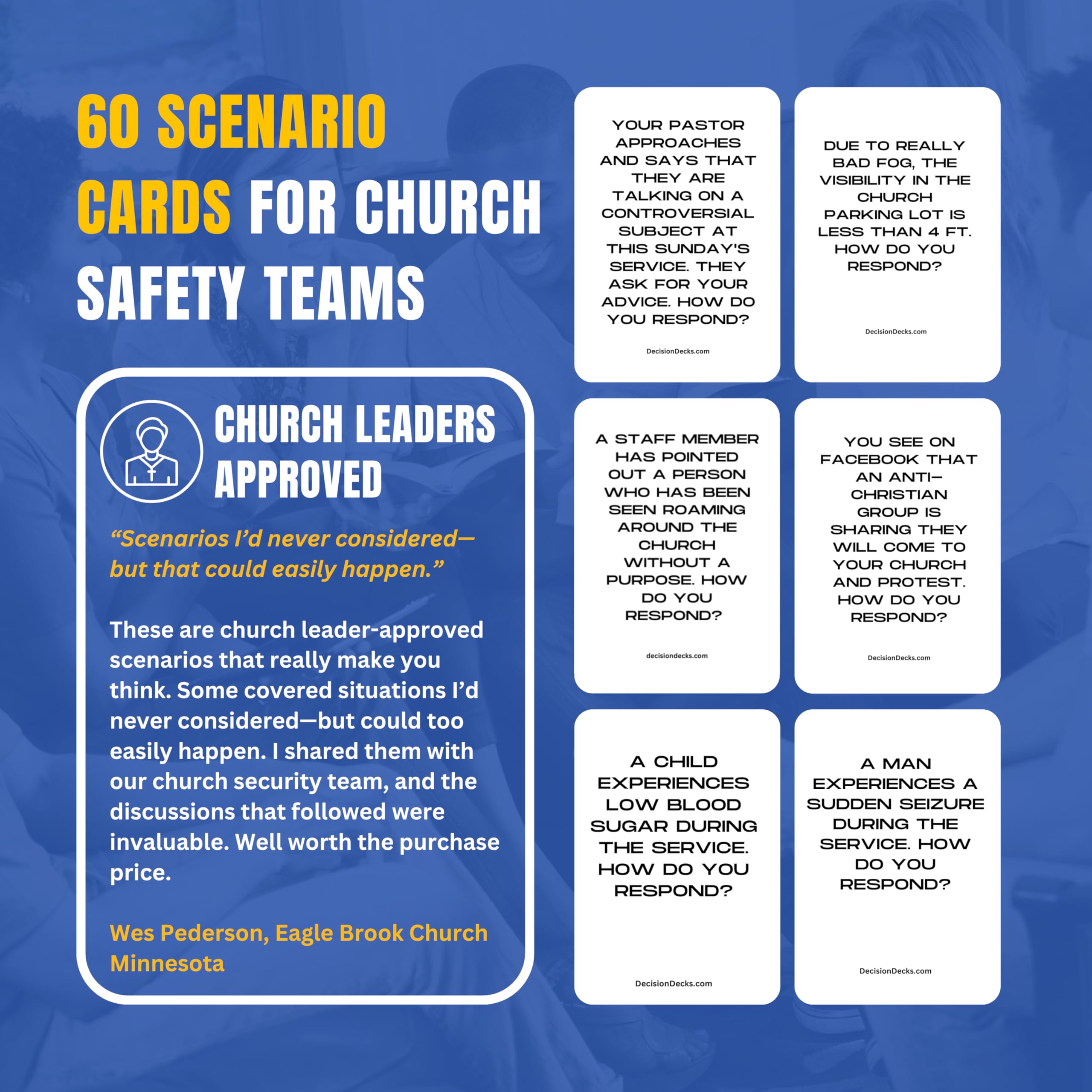 Church Safety and Security Decision Decks | 60 Safety Team Scenario Cards for Churrch Security Leaders.