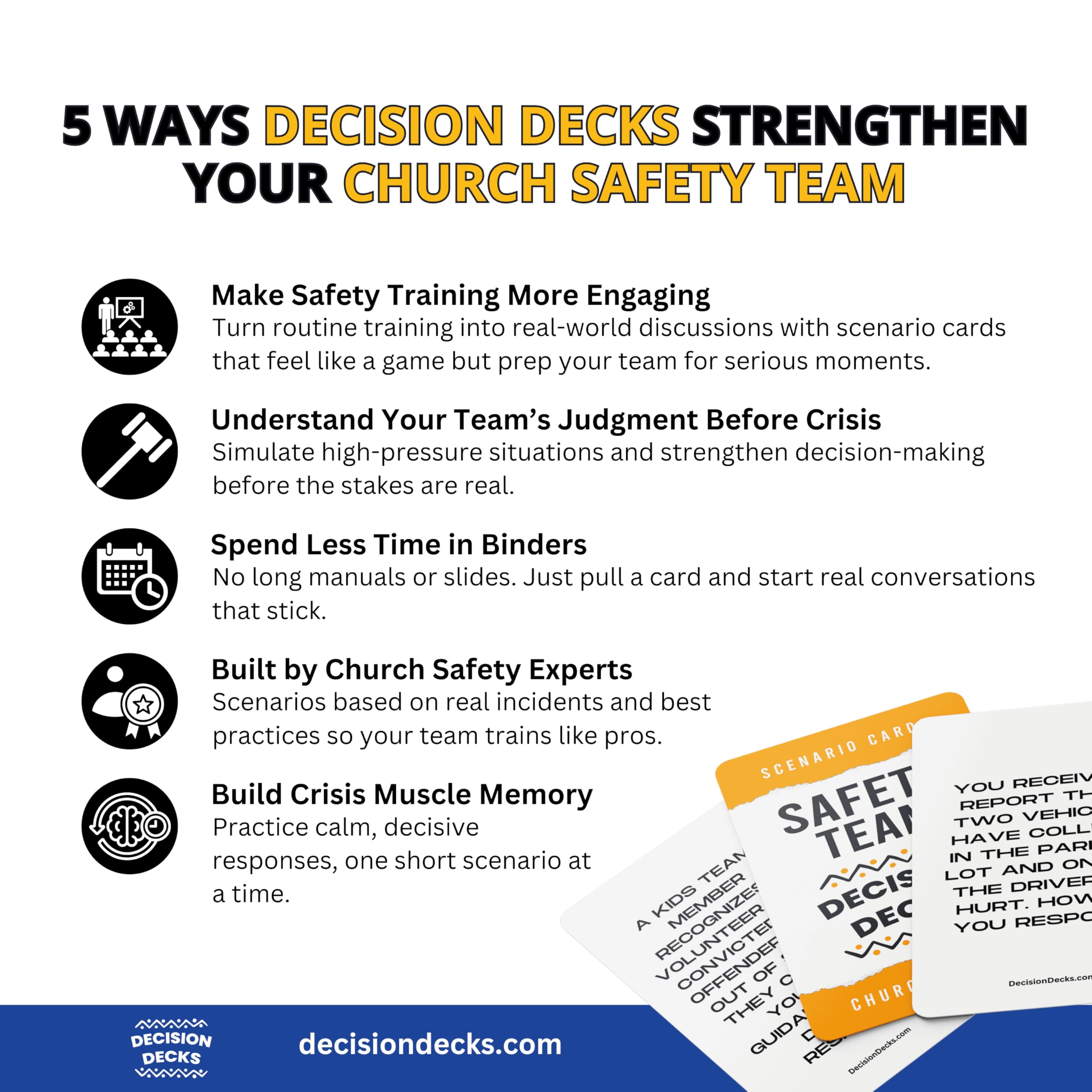 Church Safety and Security Decision Decks | 60 Safety Team Scenario Cards for Churrch Security Leaders.